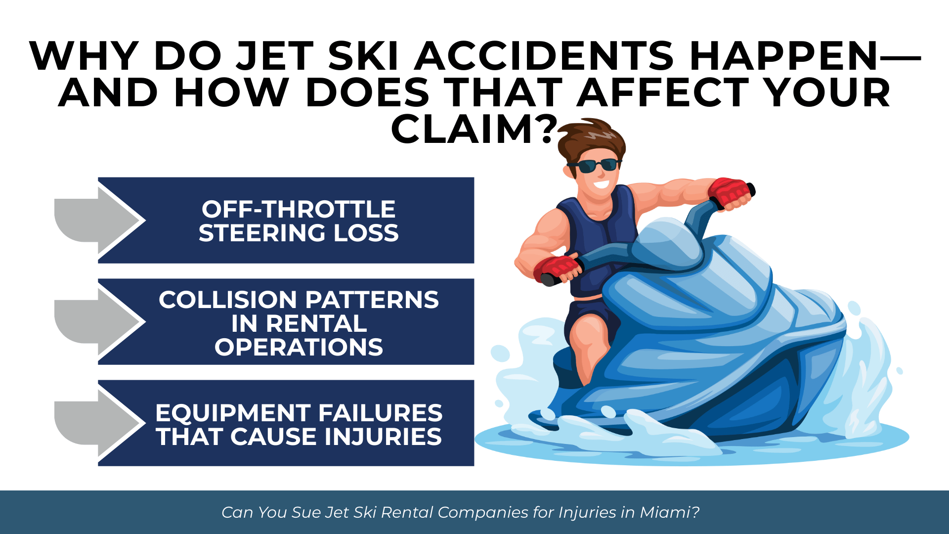 Rider on jet ski with list of common causes like steering loss, collision patterns, and equipment failures.