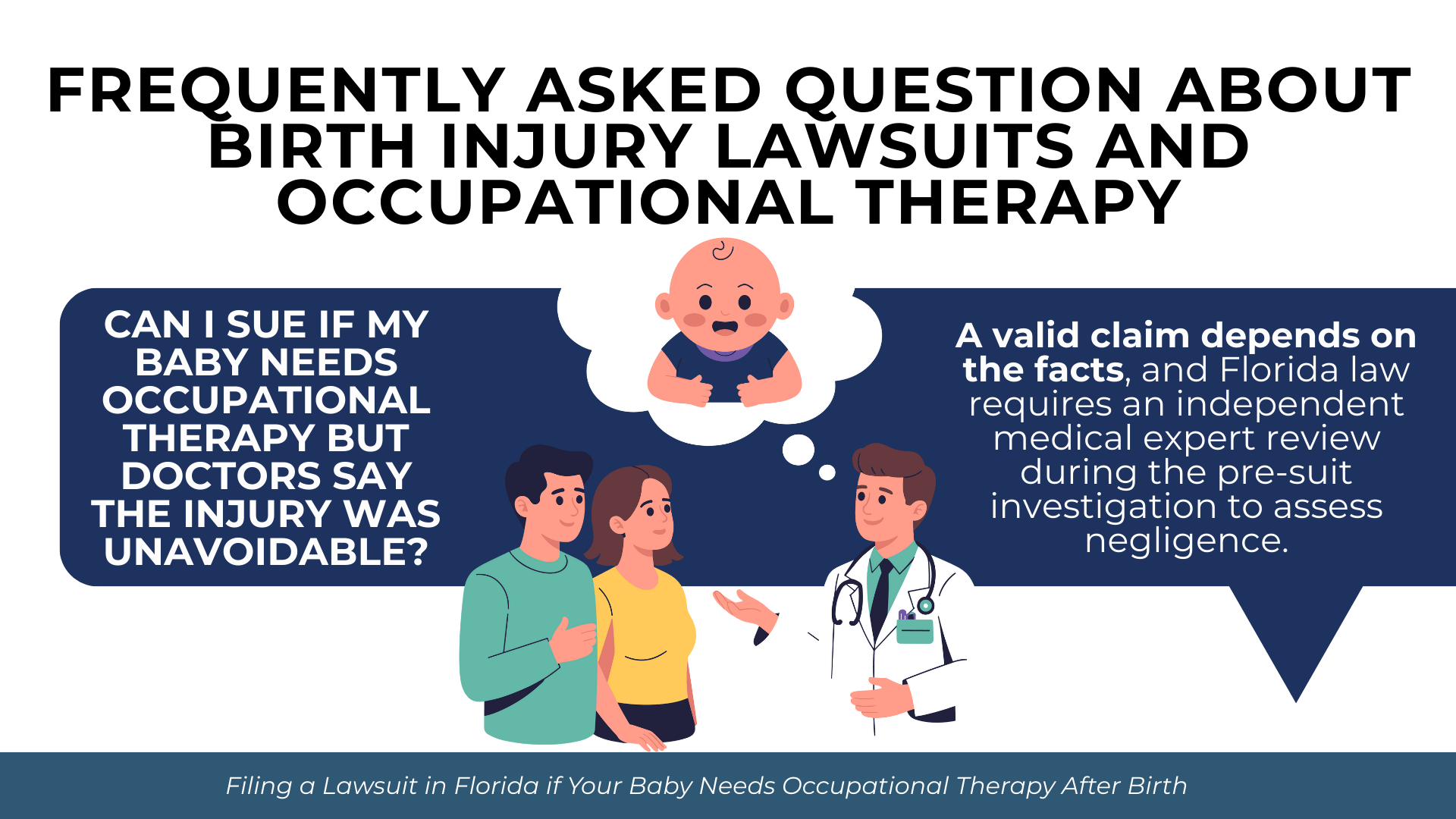 Parents speaking with doctor as text explains when occupational therapy needs may support a legal claim.