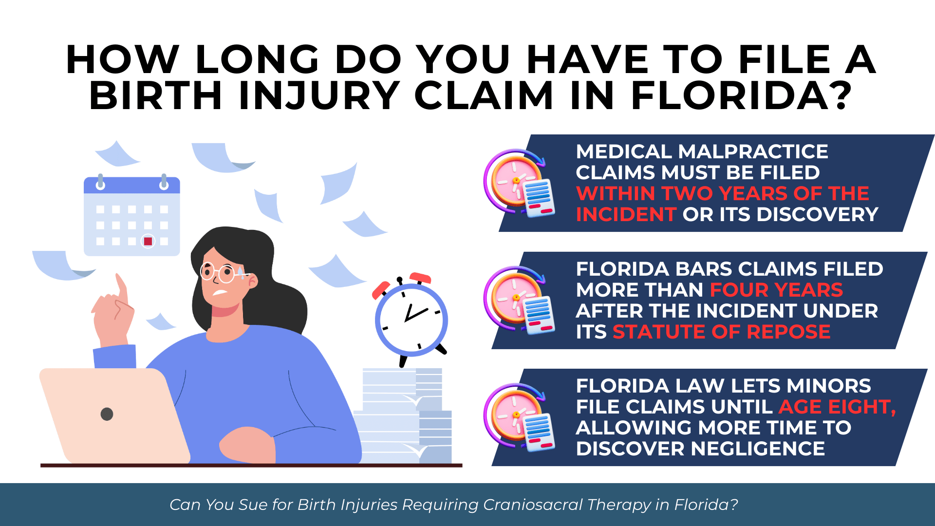 Calendar, clock, and documents illustrate Florida deadlines, statutes of limitation, and repose for birth injury claims.