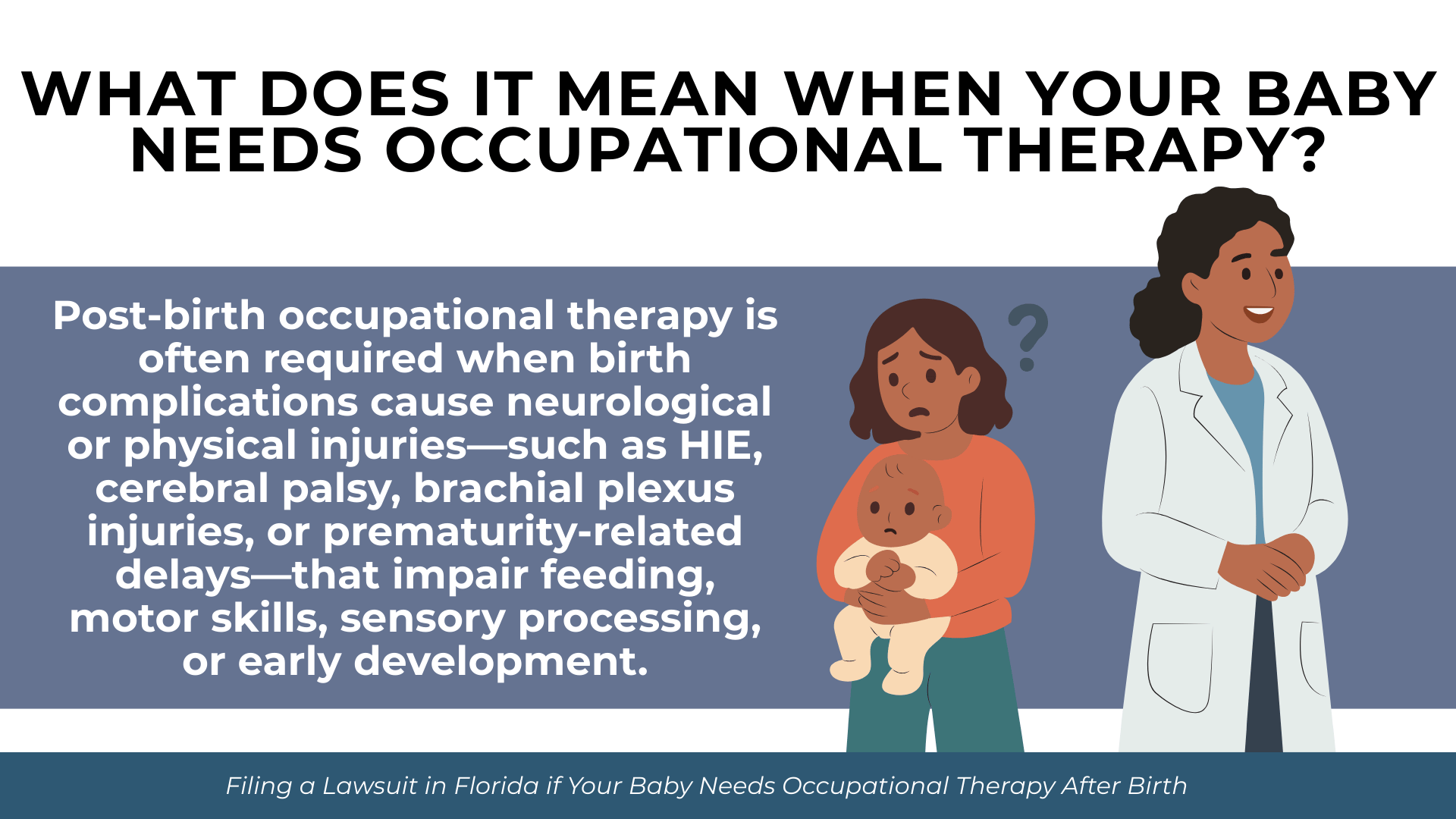Parent and clinician with baby as text explains therapy for feeding, motor, sensory, and developmental issues.