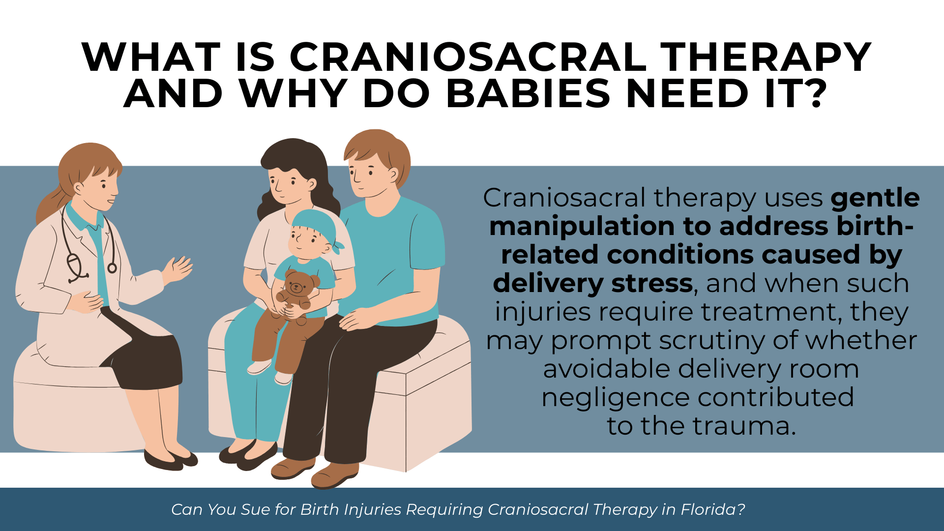 Physician consults parents with baby while text explains gentle therapy for birth-related stress and possible negligence review.