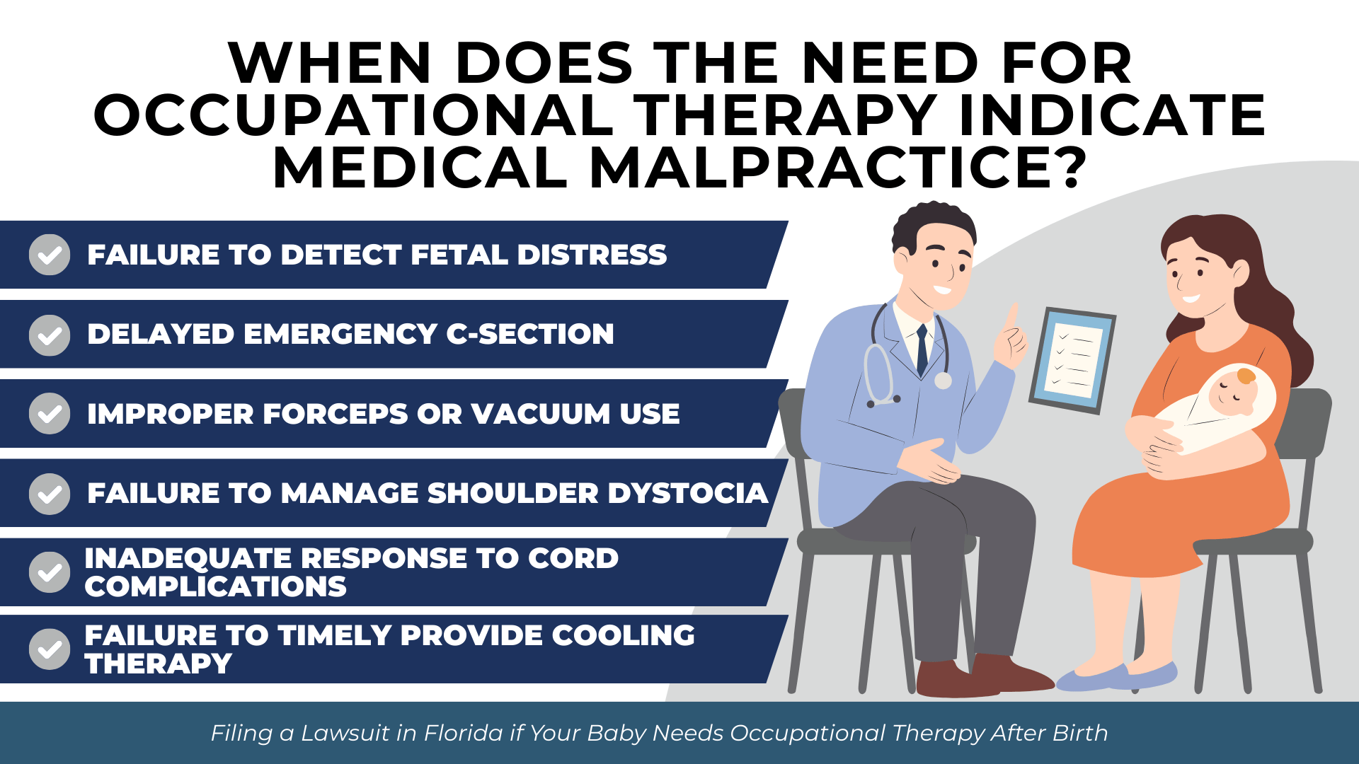 Doctor and parent with checklist of delivery errors linked to occupational therapy needs.