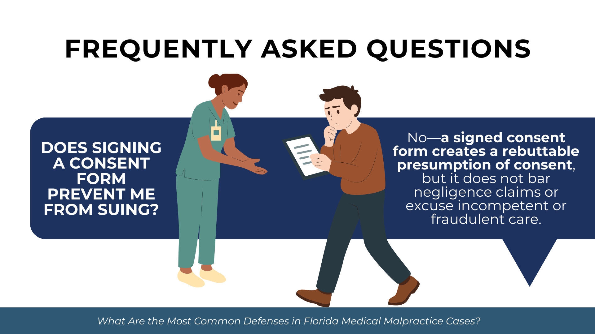 Clinician gestures to patient holding form; text explains signed consent creates rebuttable presumption but doesn’t bar negligence claims.