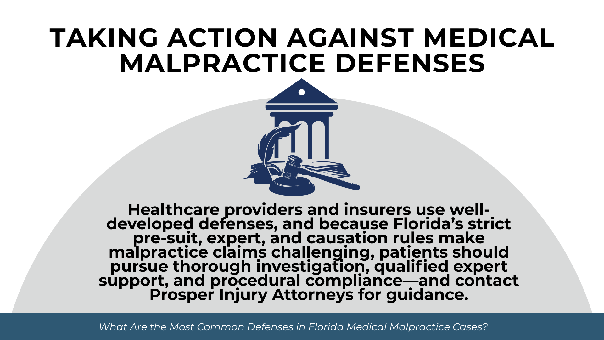 Courthouse icon over semicircle with message: strict Florida rules and strong defenses require investigation, experts, and compliance.