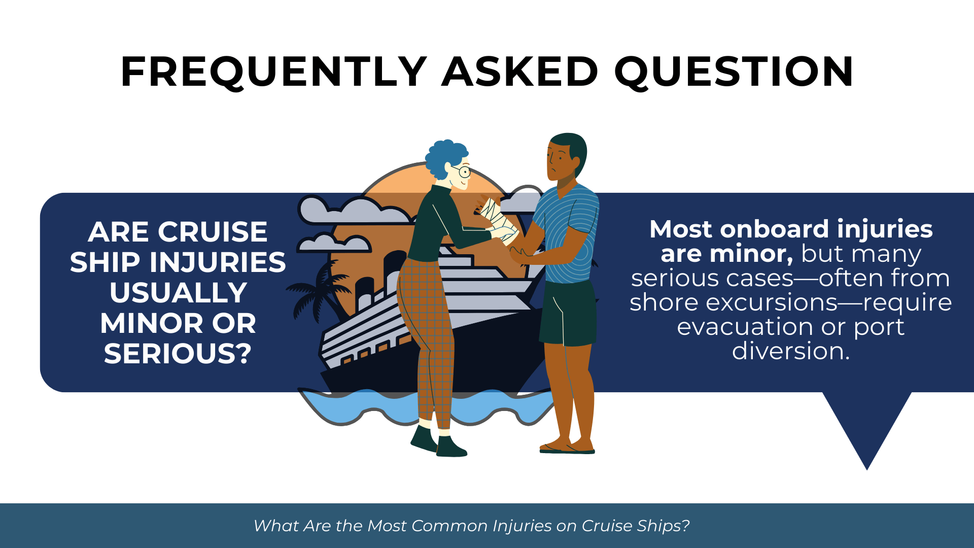 Person helping an injured passenger near a cruise ship; text notes most injuries are minor but serious cases may need evacuation.
