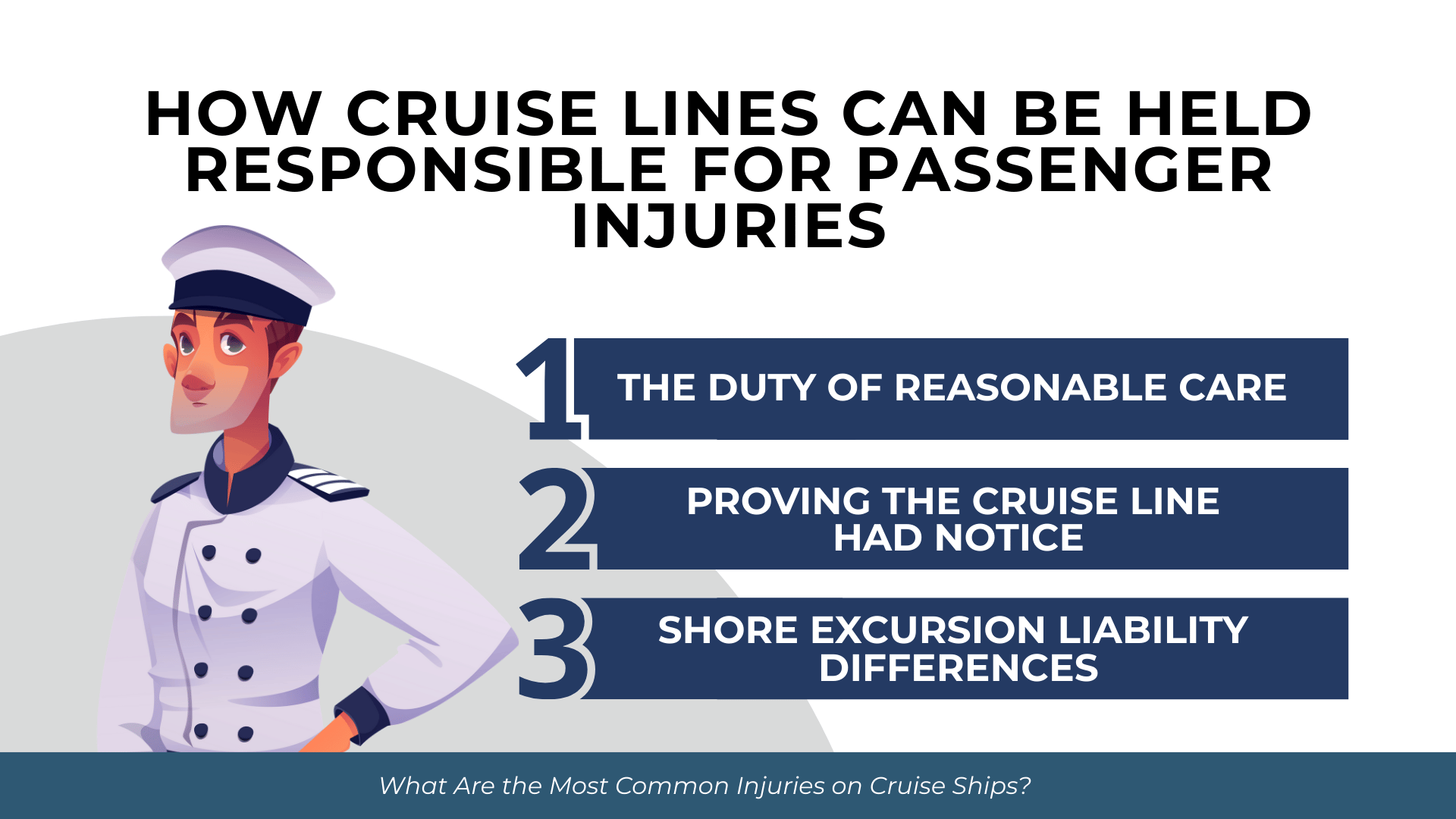 Crew member illustration beside points on reasonable care, notice requirements, and shore-excursion liability.