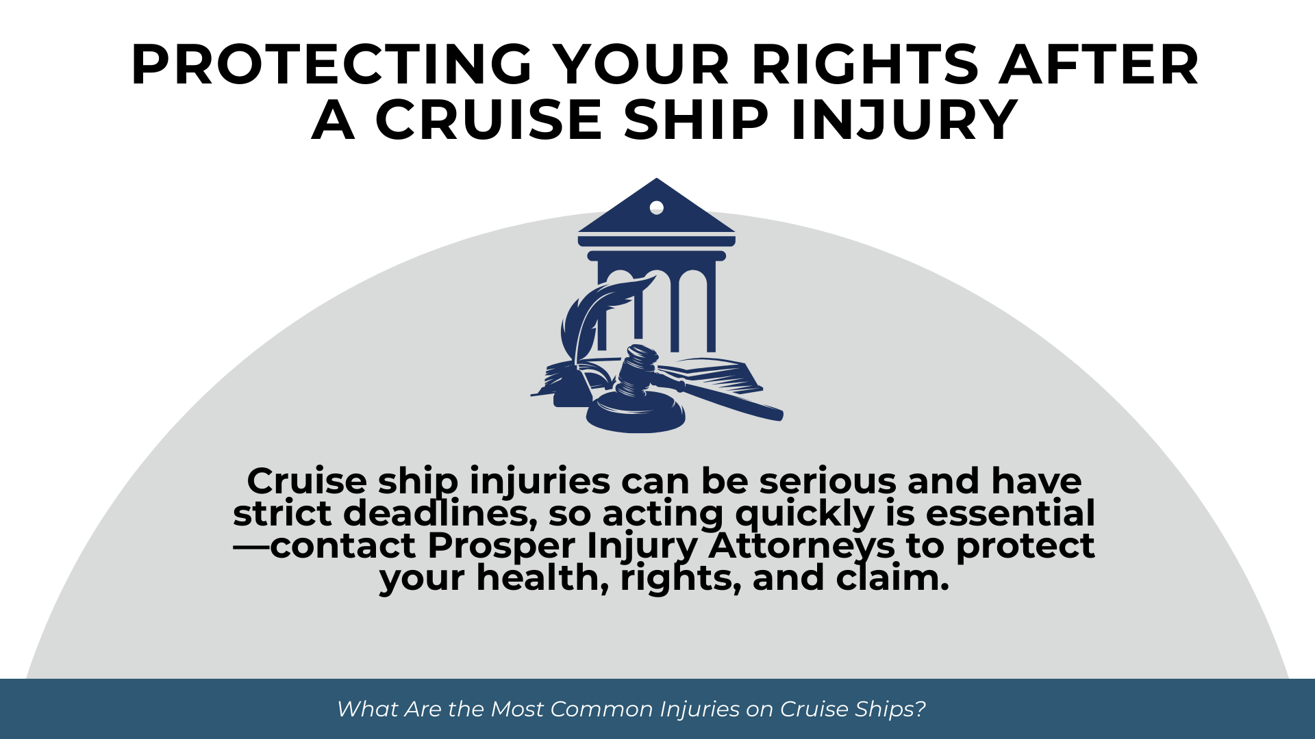 Courthouse and gavel icon with message urging quick action to protect health and legal rights after injury.