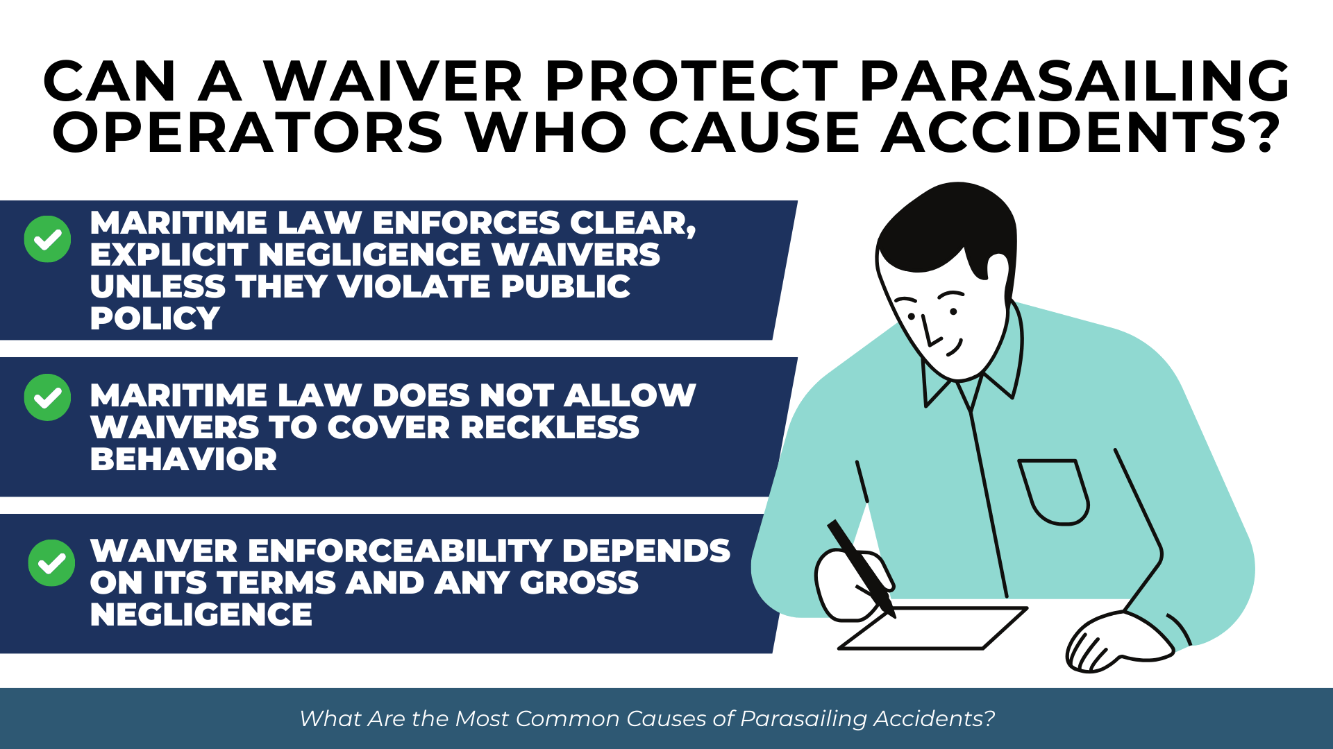 Illustration of person signing a waiver beside points explaining when negligence waivers are enforceable under maritime law.