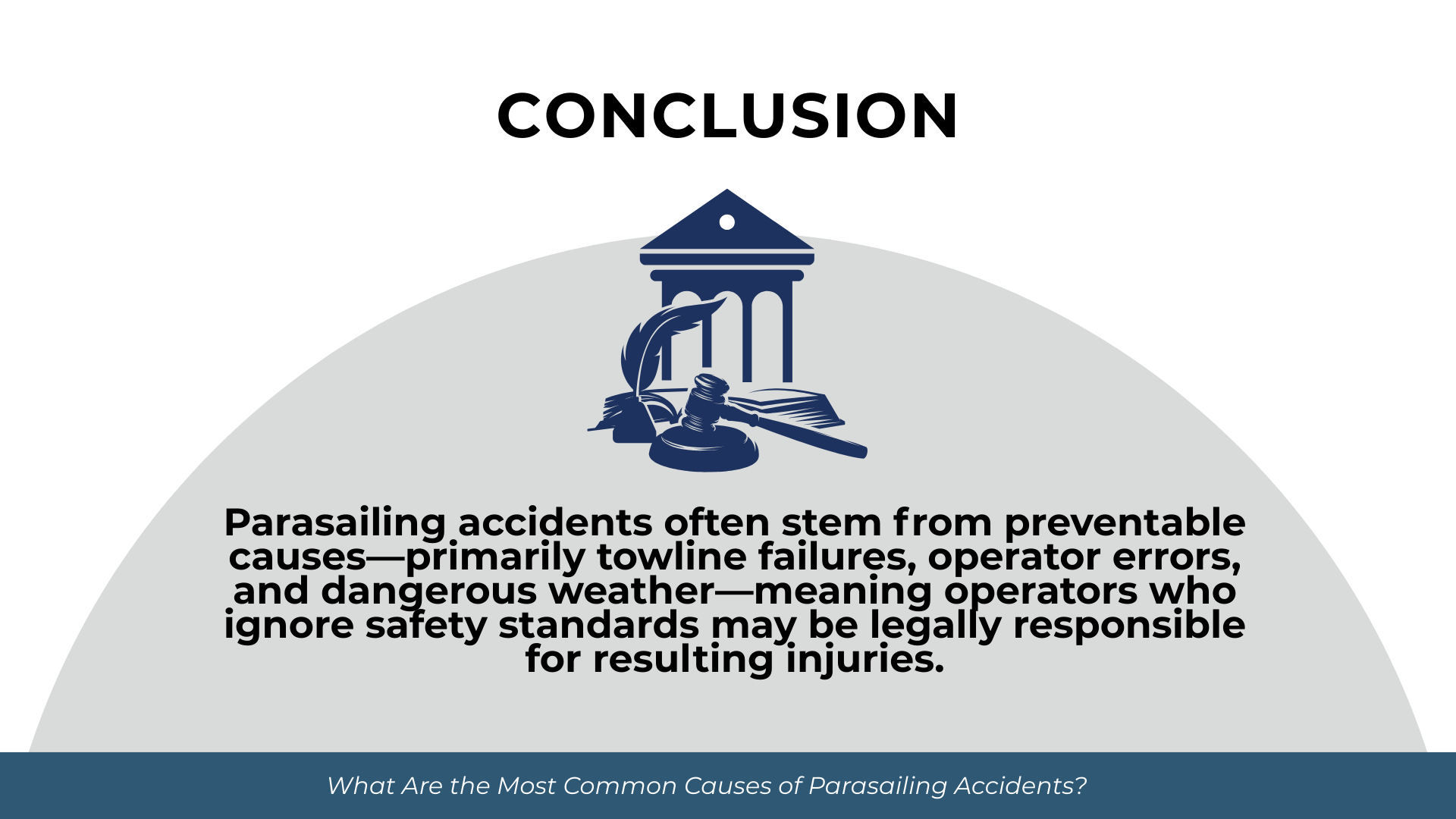 Courthouse and gavel illustration above summary explaining parasailing accidents often stem from preventable operator and weather factors.