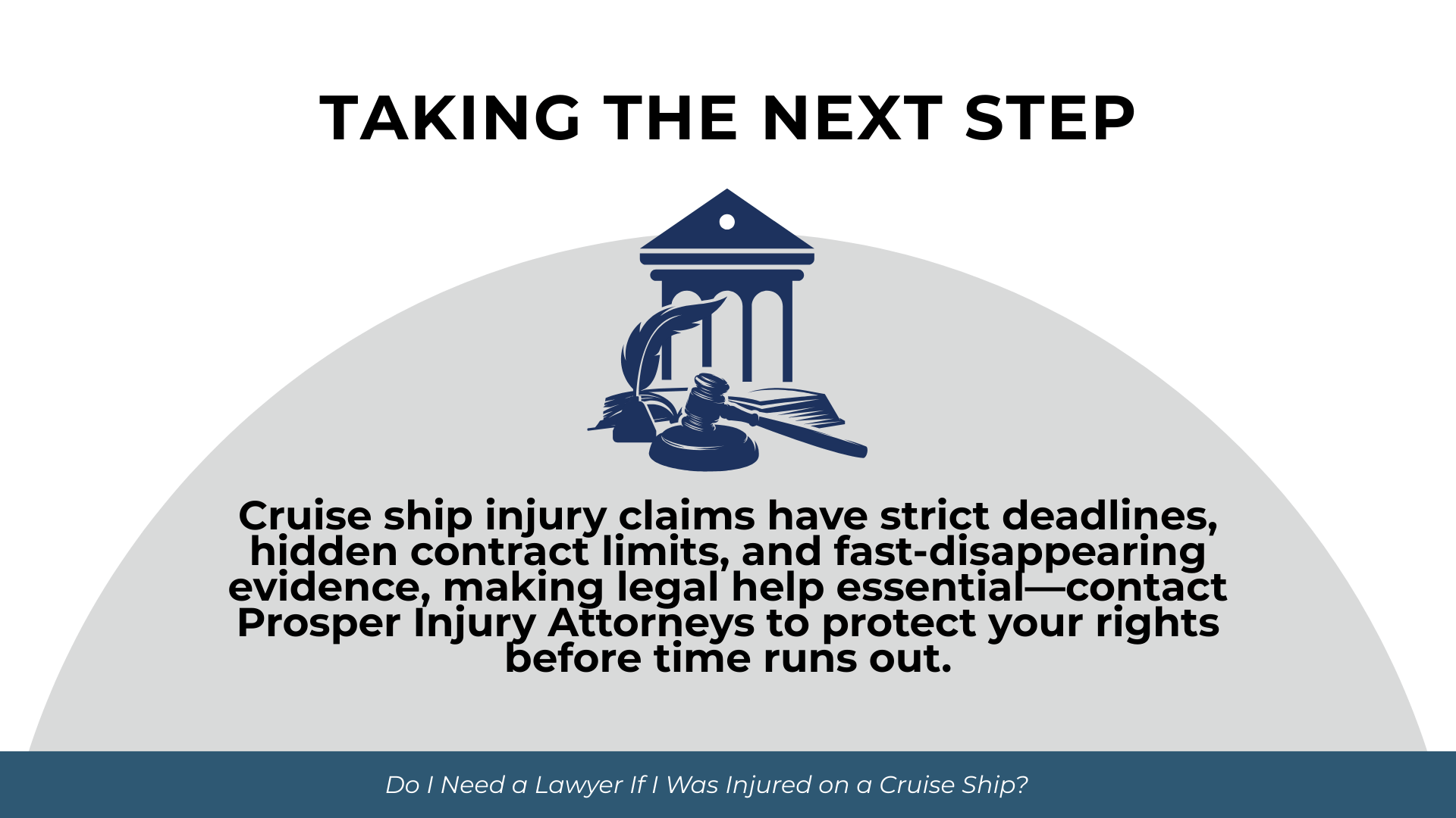 Courthouse and legal tools icon above text urging fast action due to strict deadlines and disappearing evidence in cruise injury claims.