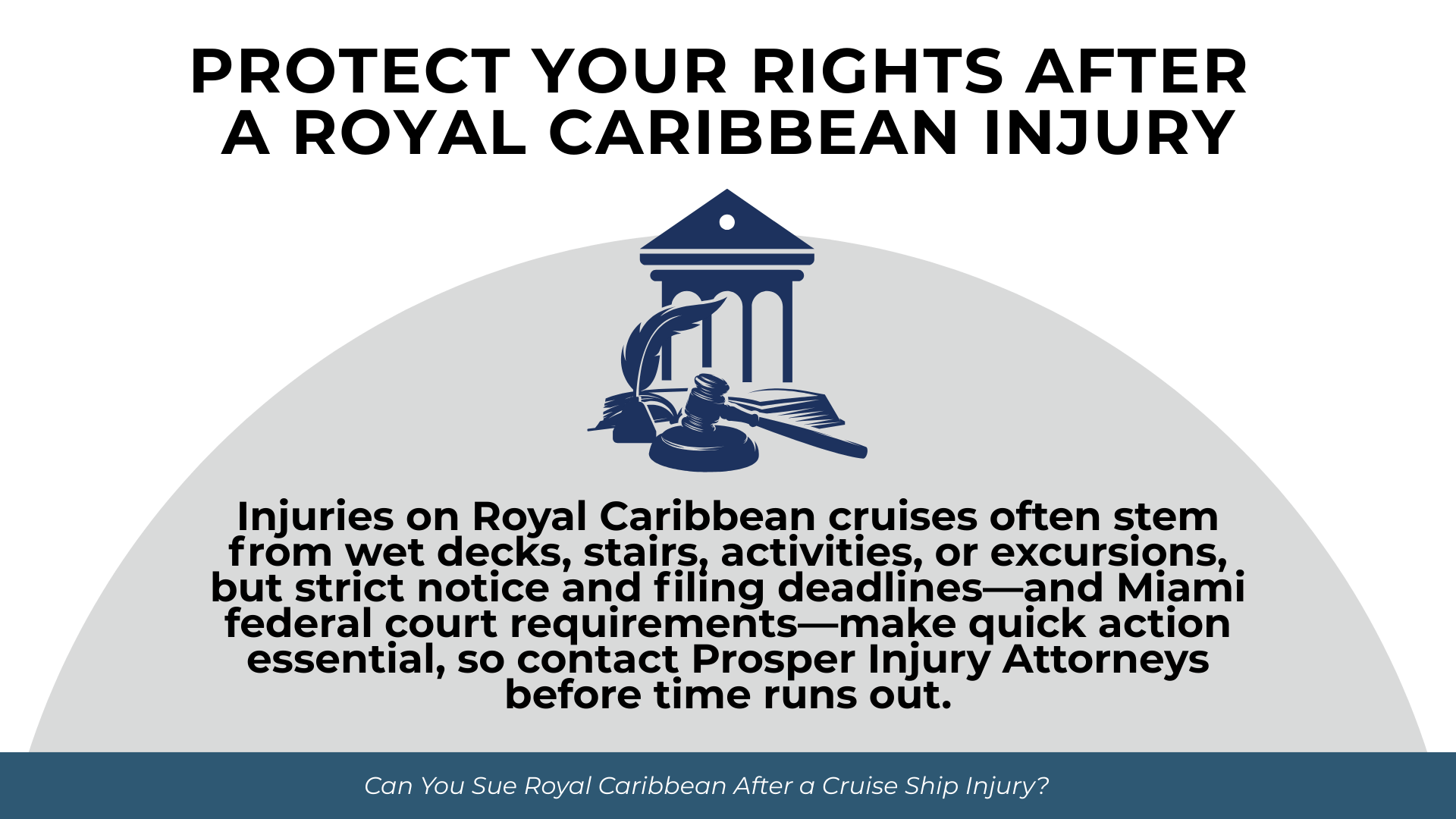 Courthouse and gavel illustration with text urging quick legal action after injuries on Royal Caribbean cruises.