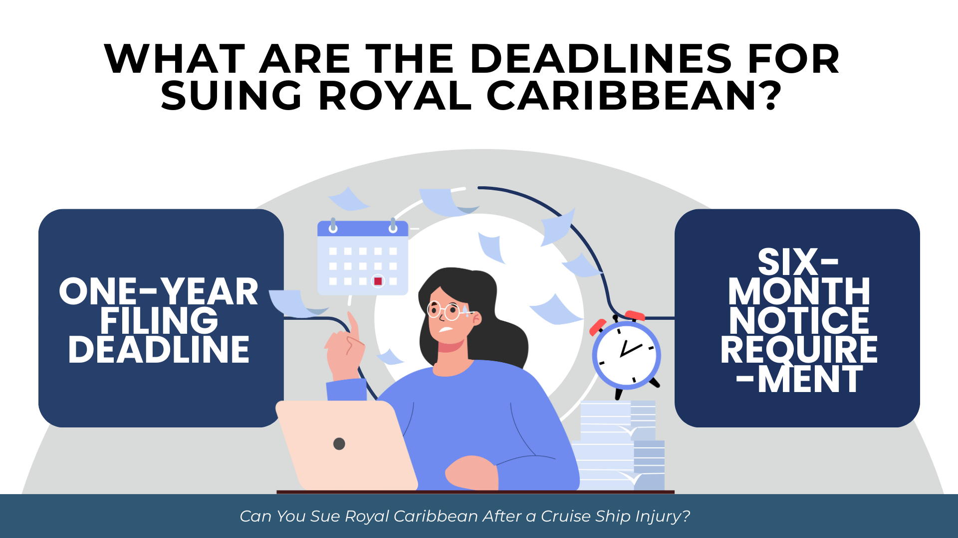 Calendar and clock around stressed person showing the one-year filing limit and six-month notice rule.