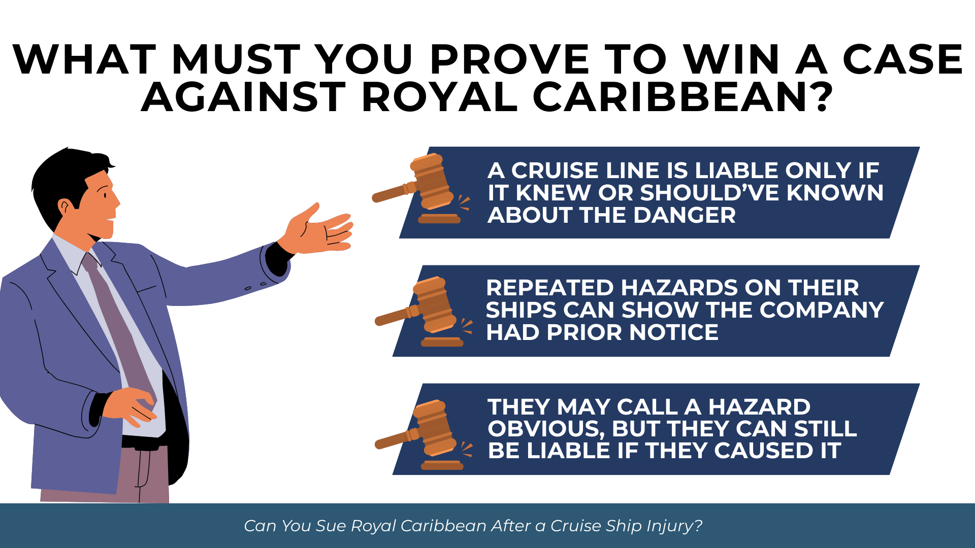 Attorney figure beside points on proving notice, repeated hazards, and liability despite obvious dangers.