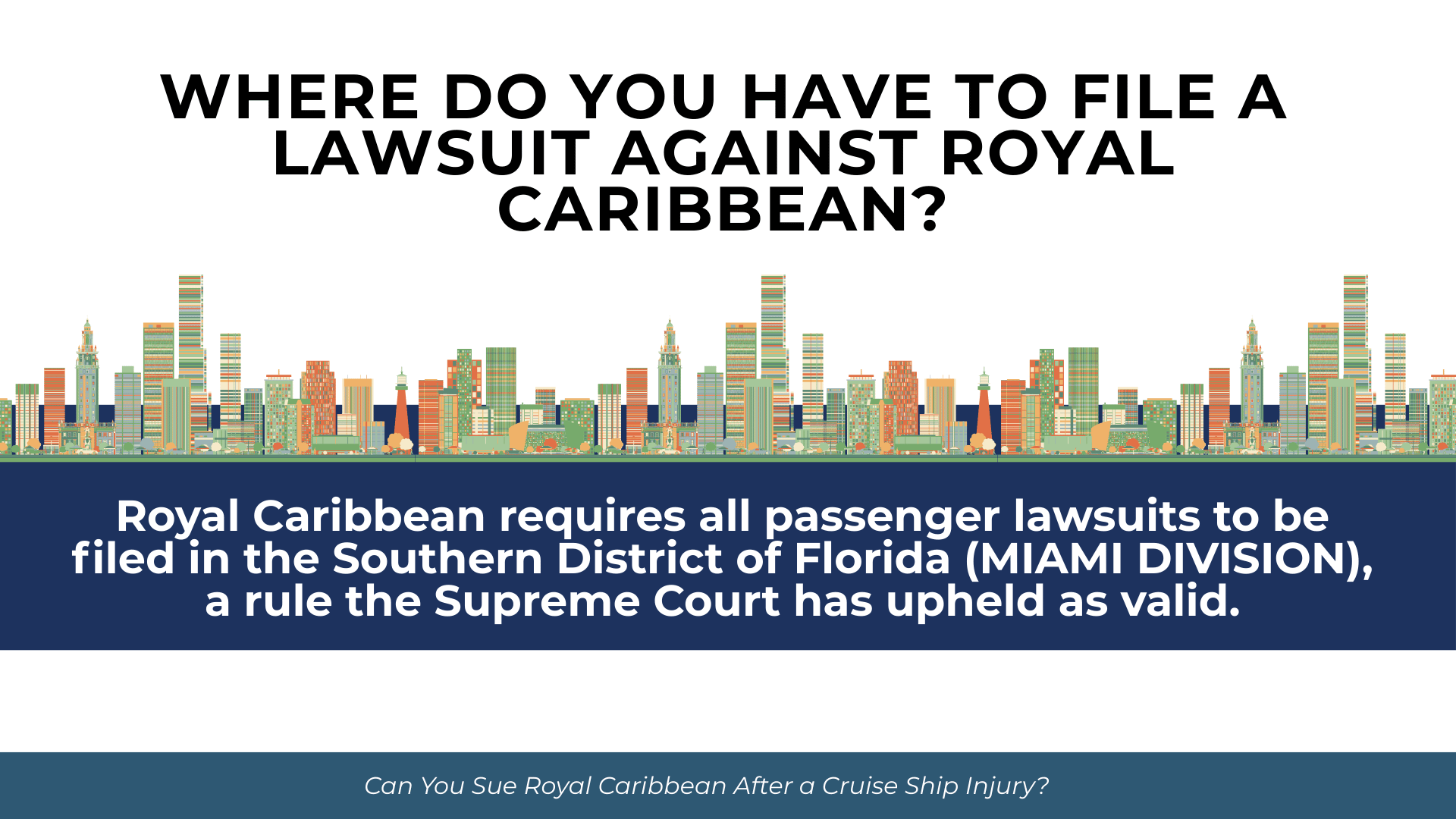 City skyline above text noting lawsuits must be filed in the Southern District of Florida, Miami Division.