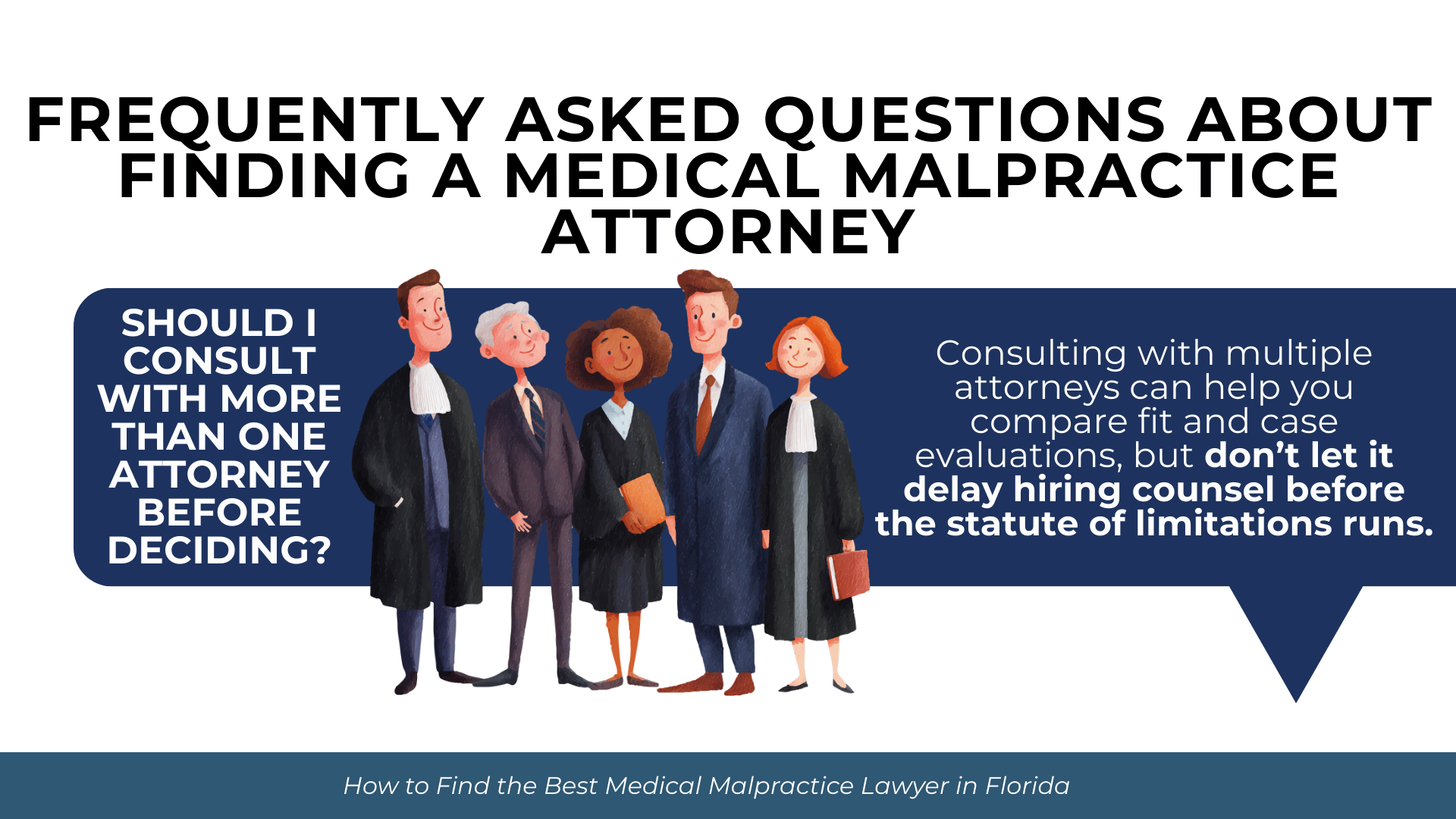 Illustrated group of attorneys beside FAQ text explaining whether to consult multiple lawyers before deciding.
