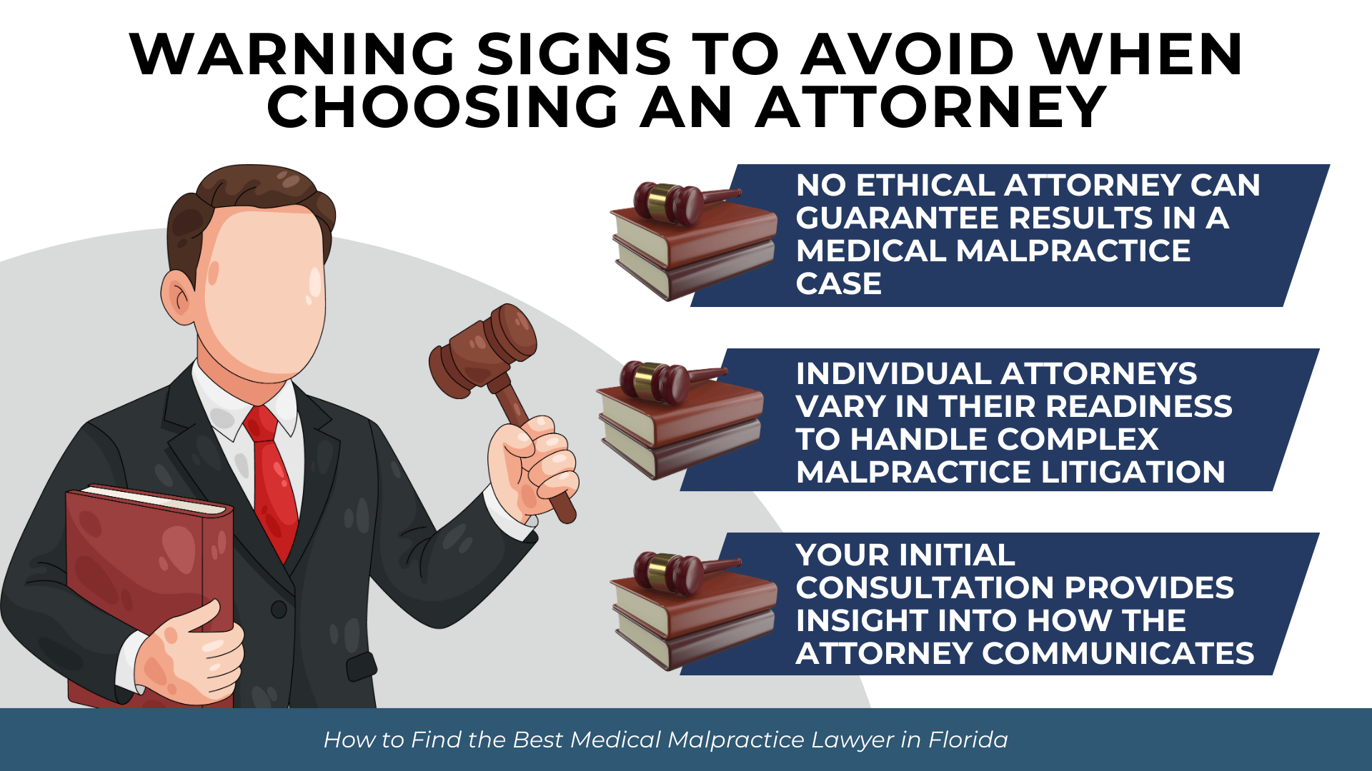 Judge illustration with gavel highlights red flags like outcome guarantees, readiness limits, and communication issues.
