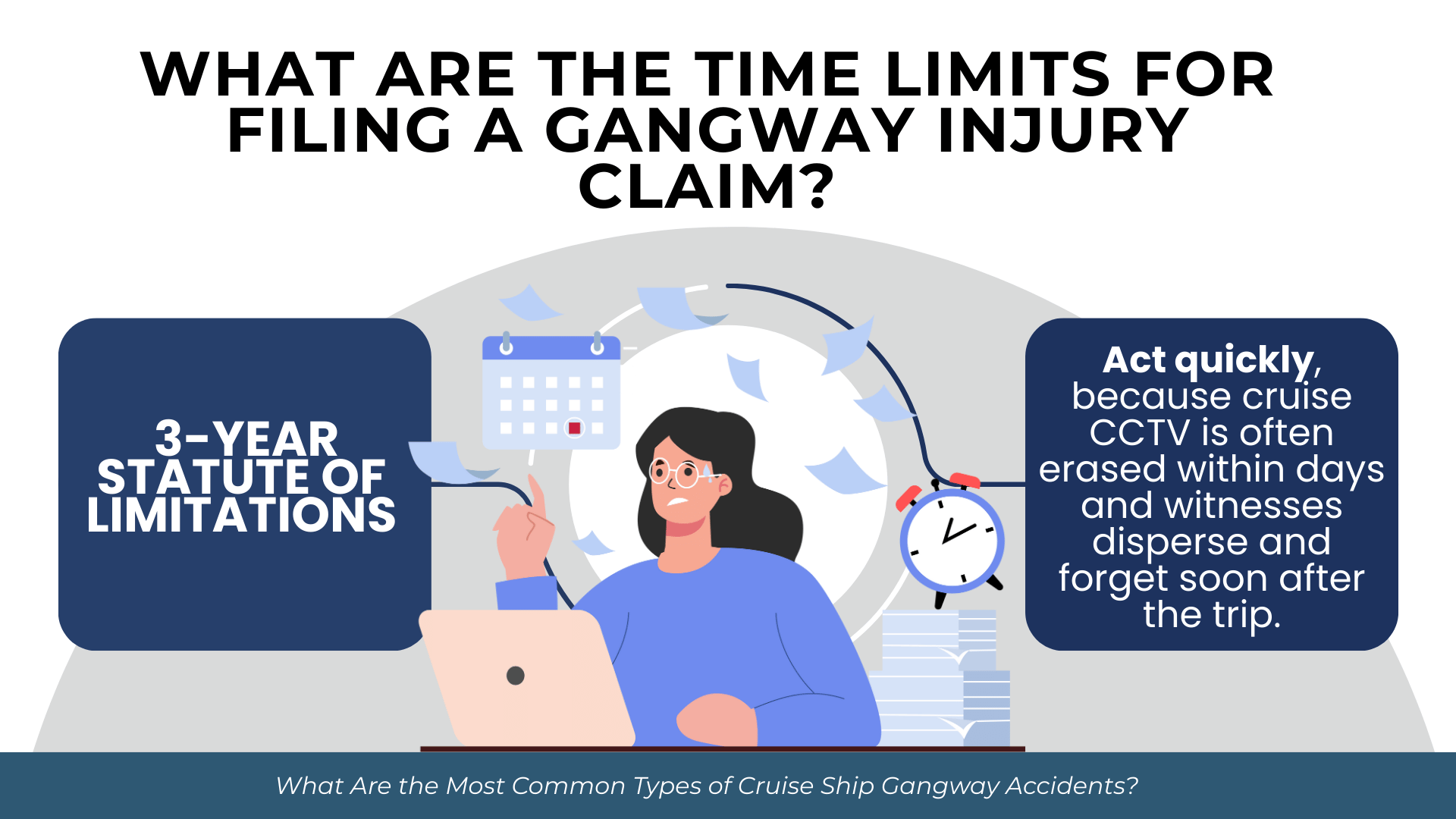 Calendar and clock beside text noting three-year limit and urgency due to disappearing CCTV and fading witness memory.