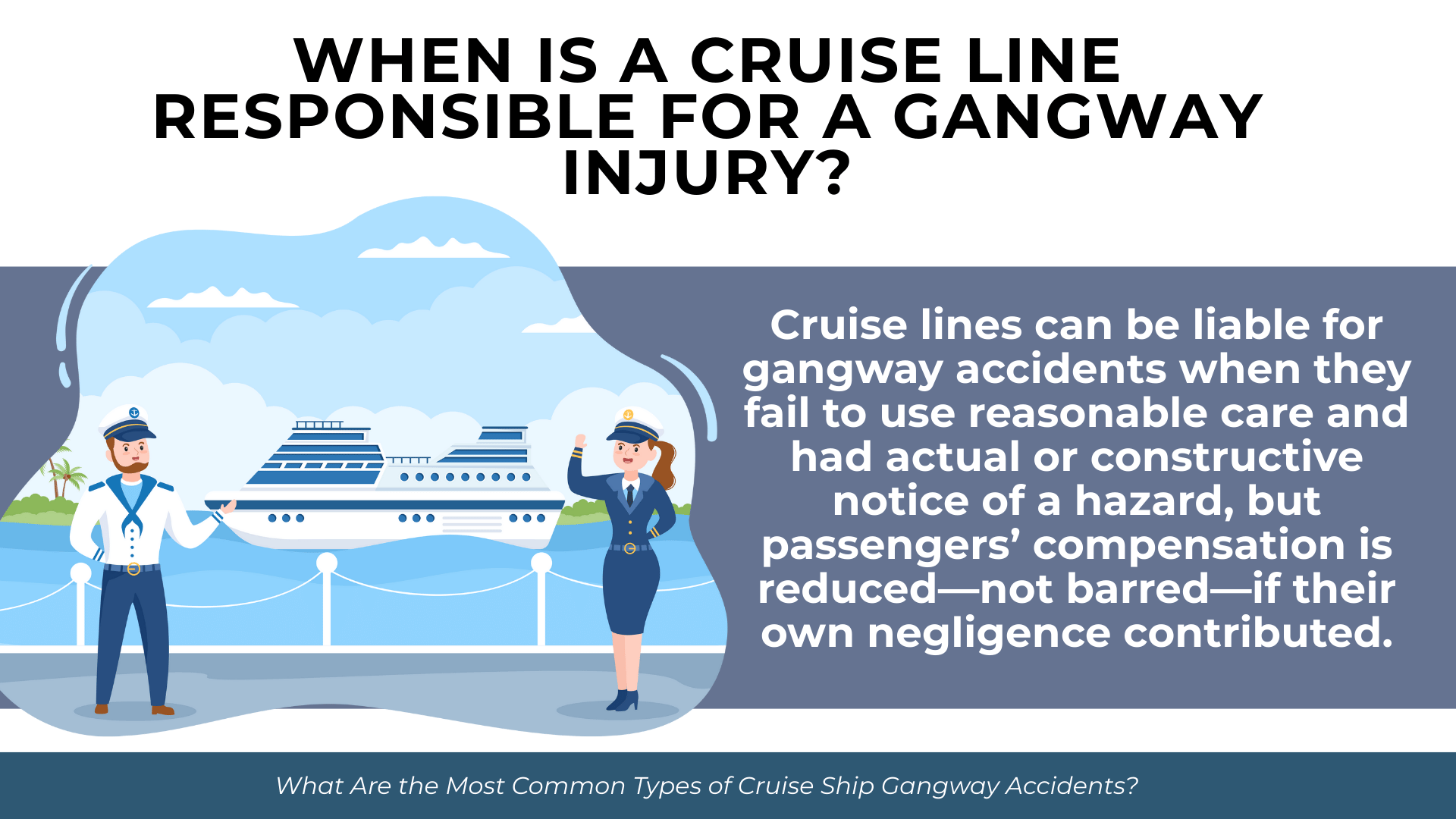 Crew members near the ship with text explaining liability for hazards when cruise lines had noticed and failed to use care.