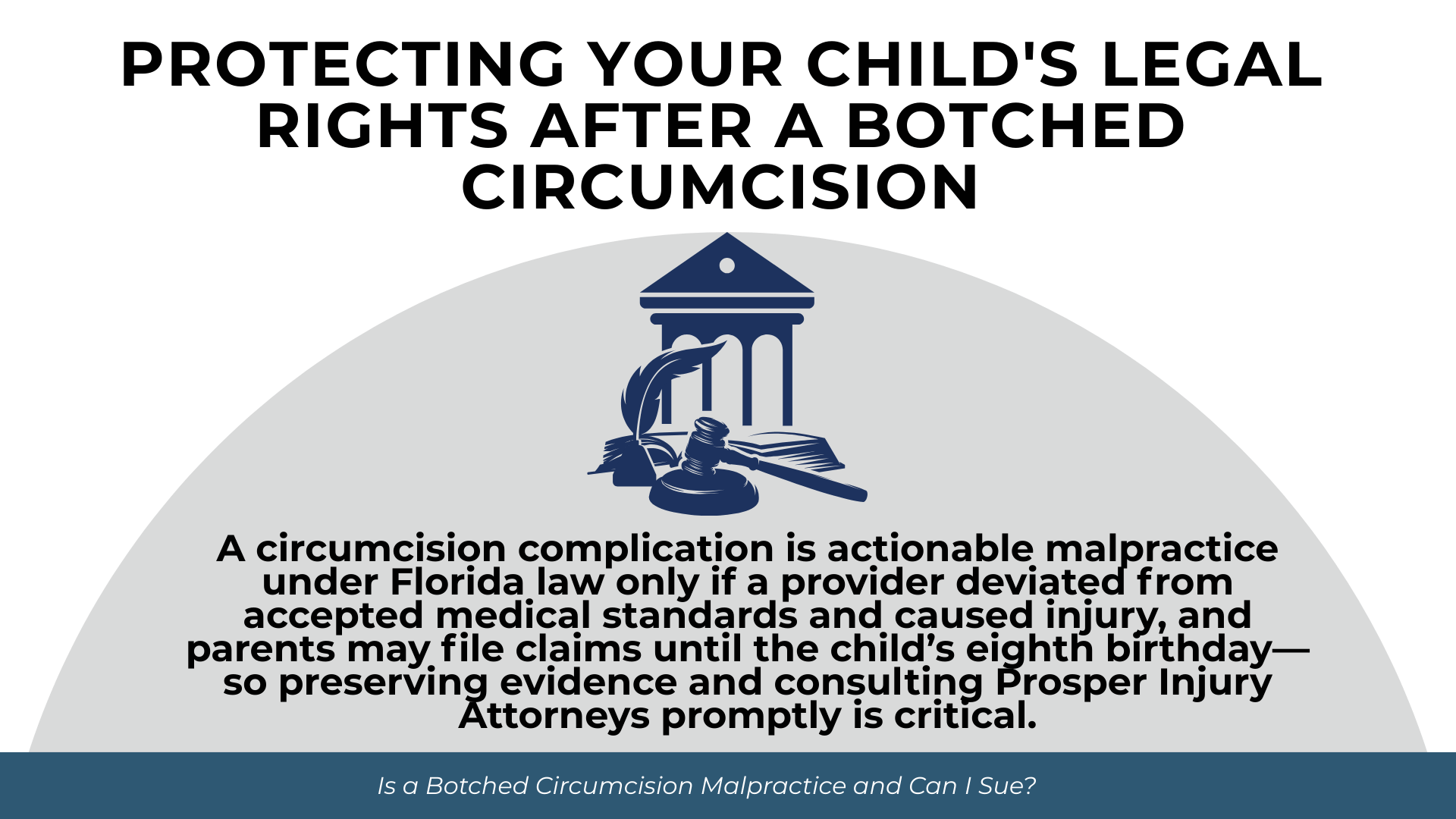 Courthouse and gavel icon; text explains malpractice requires standard-of-care breach and minors can sue until age 8.