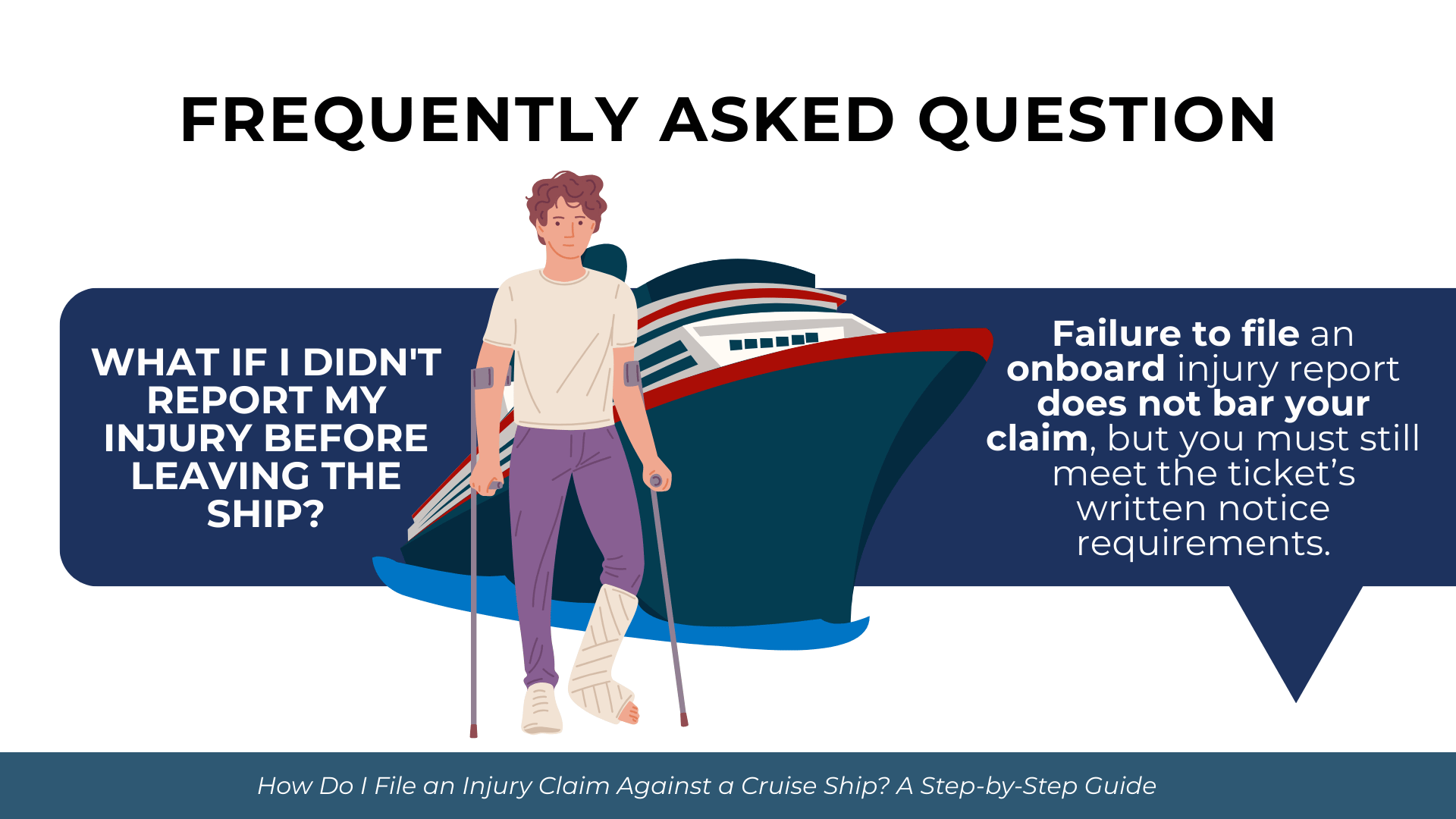 Injured passenger with crutches beside cruise ship, explaining missed onboard report rules for injury claims.