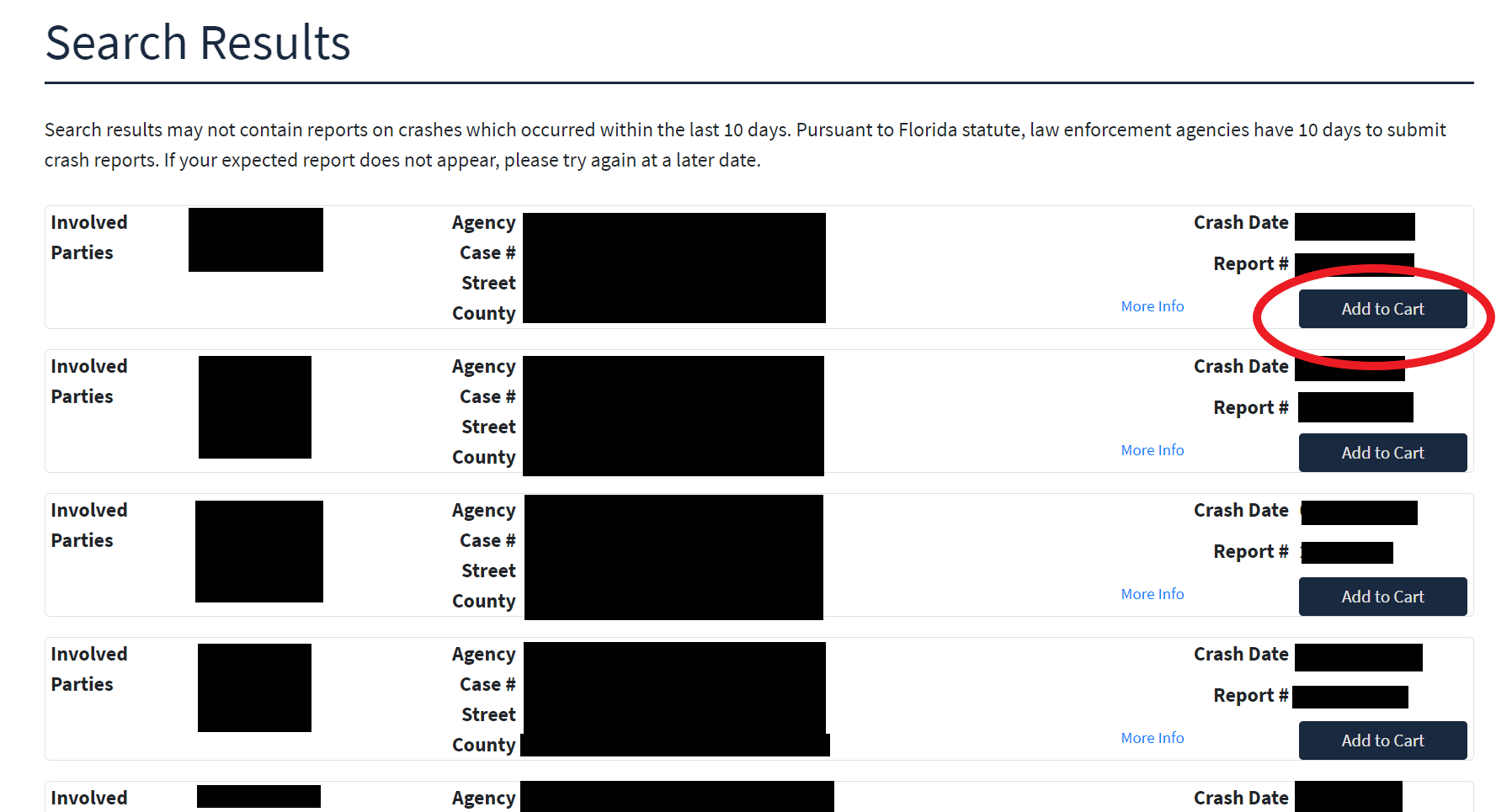 Search results showing crash reports with Add to Cart buttons