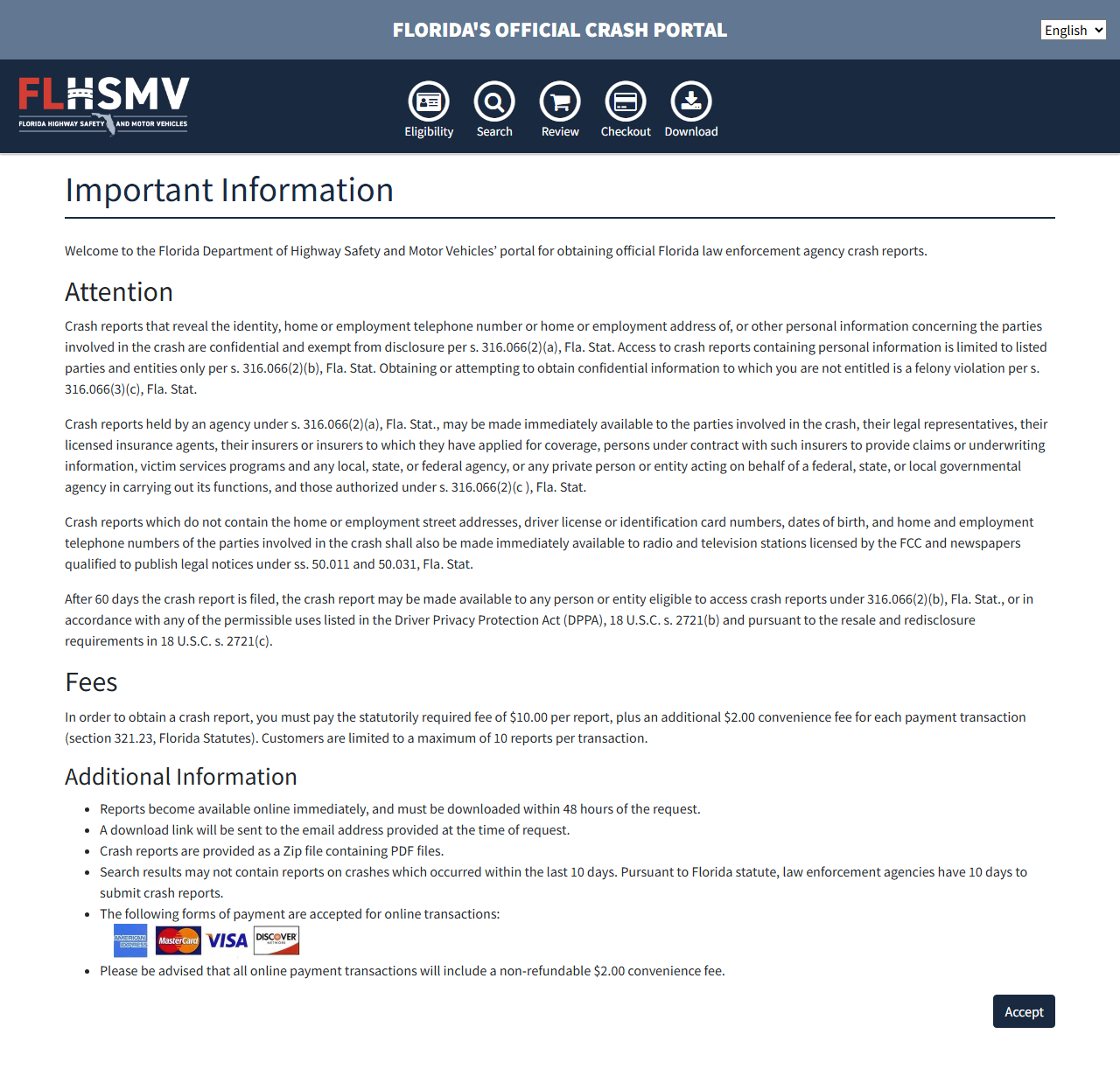 FLHSMV crash portal Important Information page with the fees and the Accept button