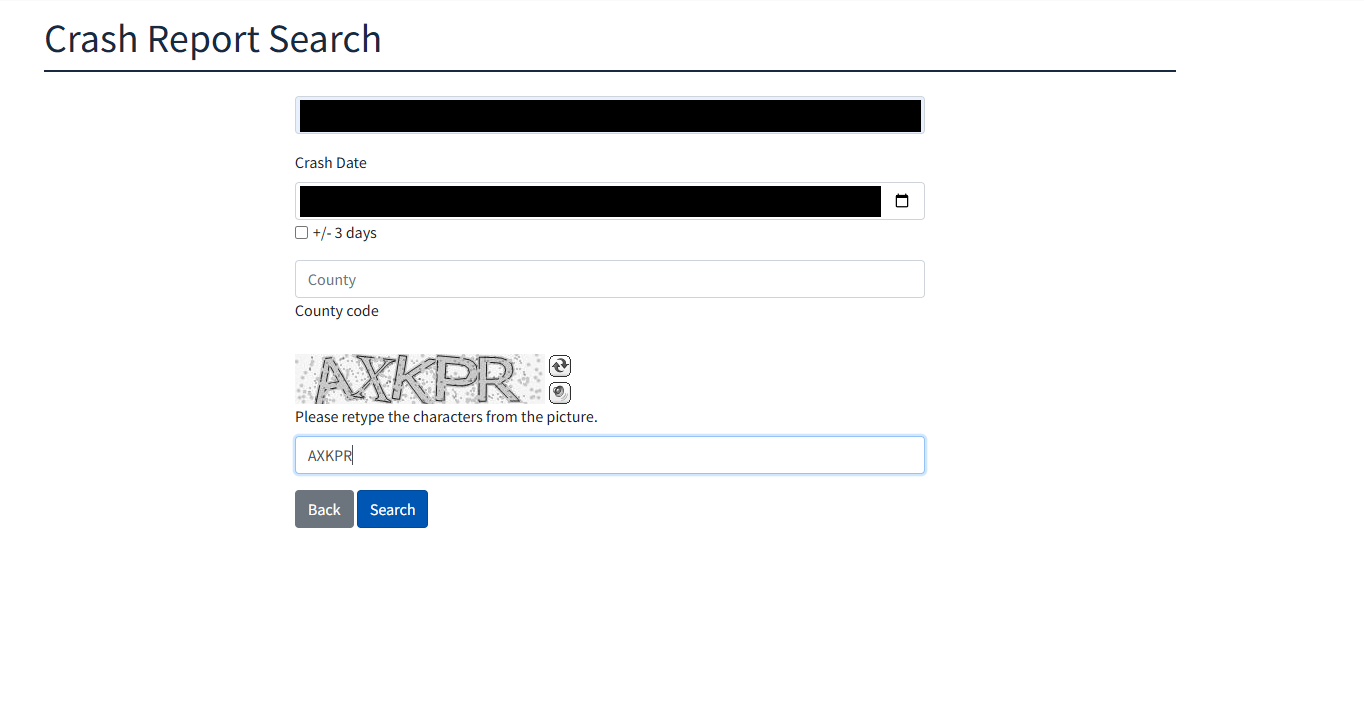 Crash Report Search form with last name, crash date, +/- 3 days box, county, and captcha; entries are covered