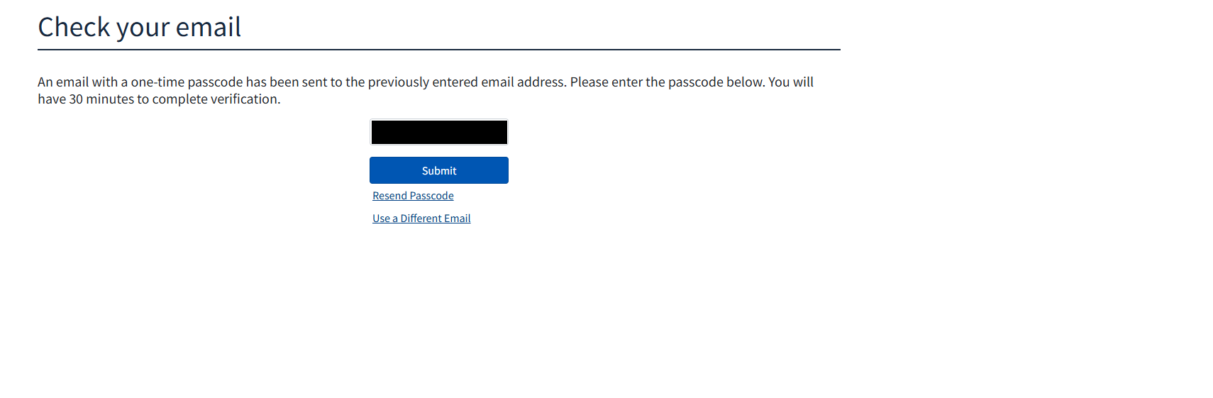 Check your email screen with the passcode field, Submit button, and Resend Passcode link