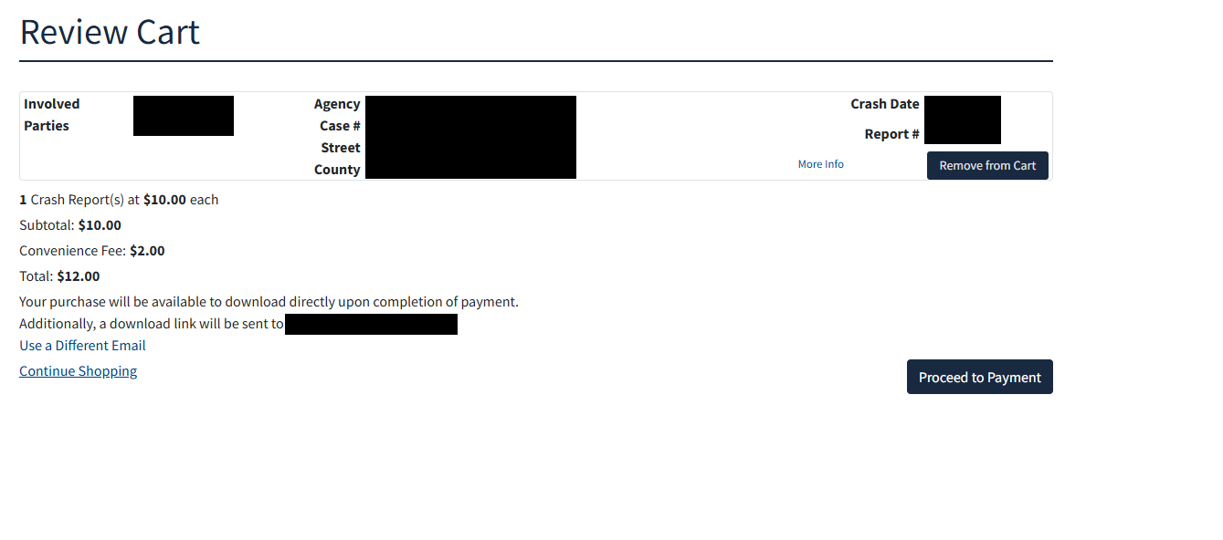 Review Cart screen with the $12.00 total and the Proceed to Payment button; personal details are covered