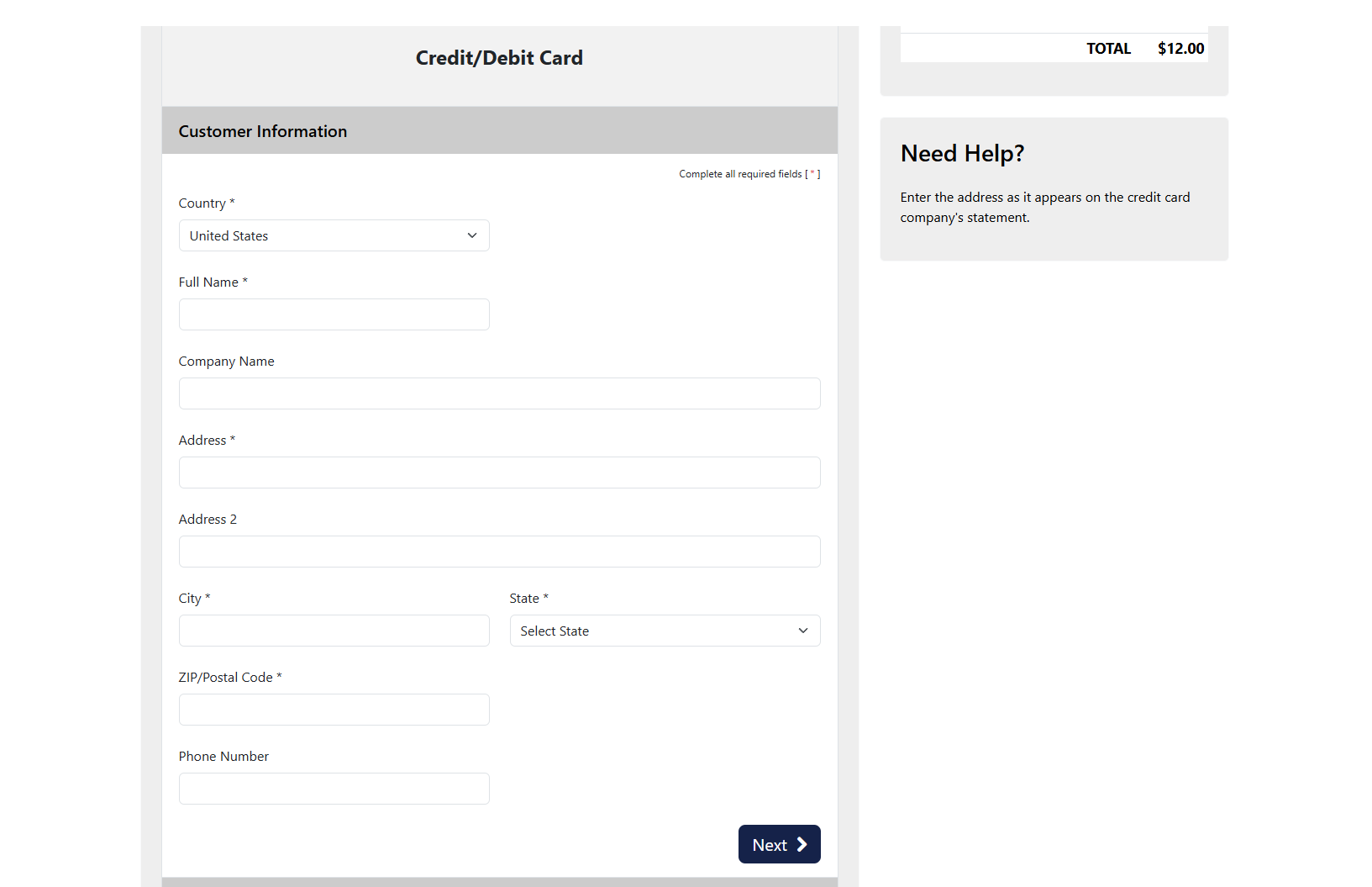 Customer Information form with the Next button