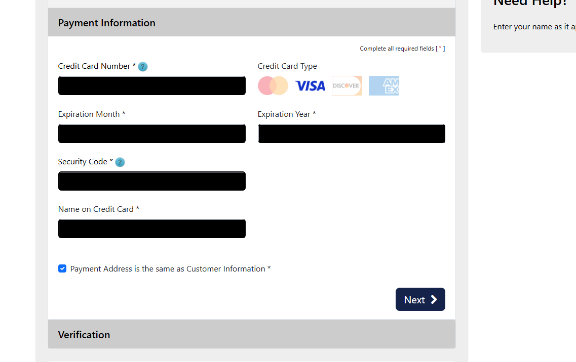 Payment Information form with the card fields and the Next button; entries are covered