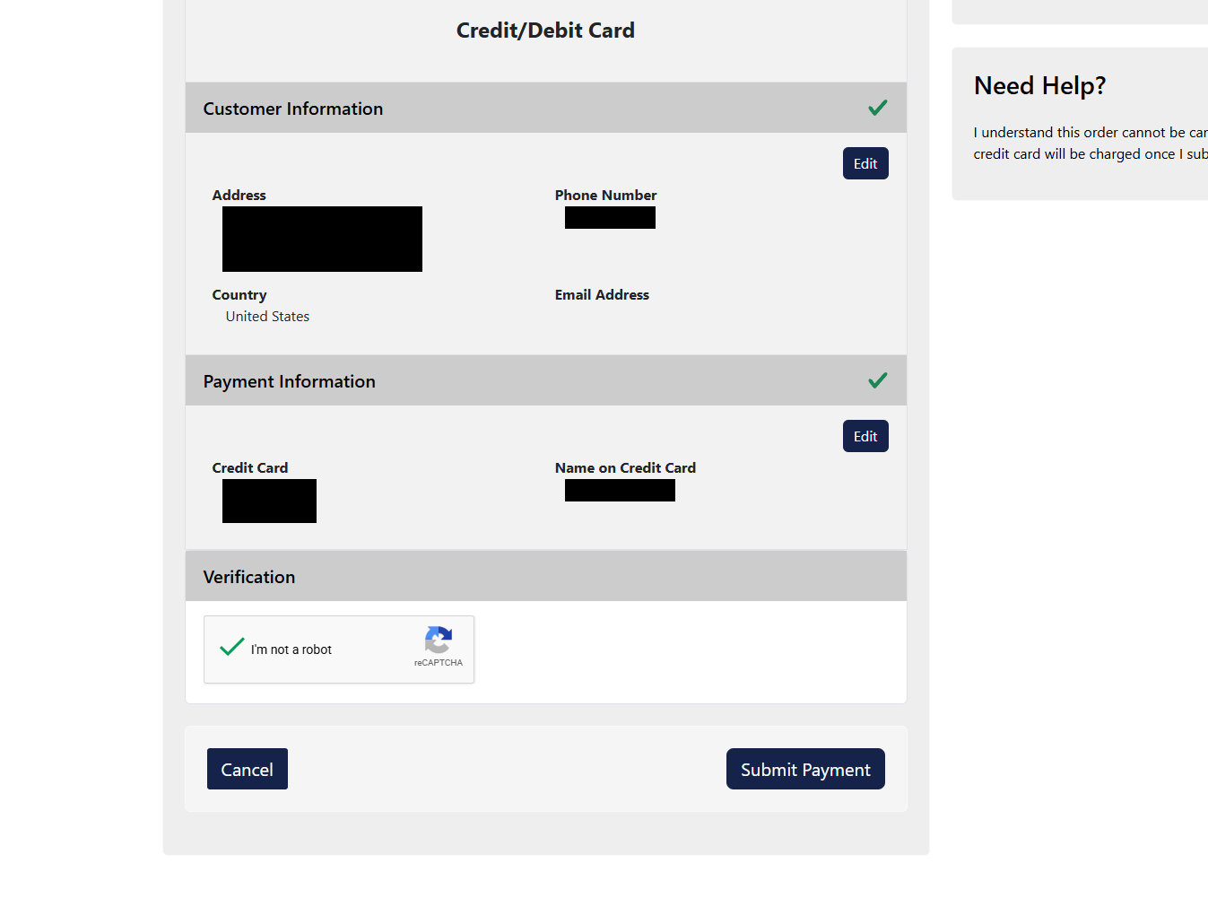 Verification screen with the order summary, the I am not a robot check, and the Submit Payment button; personal details are covered