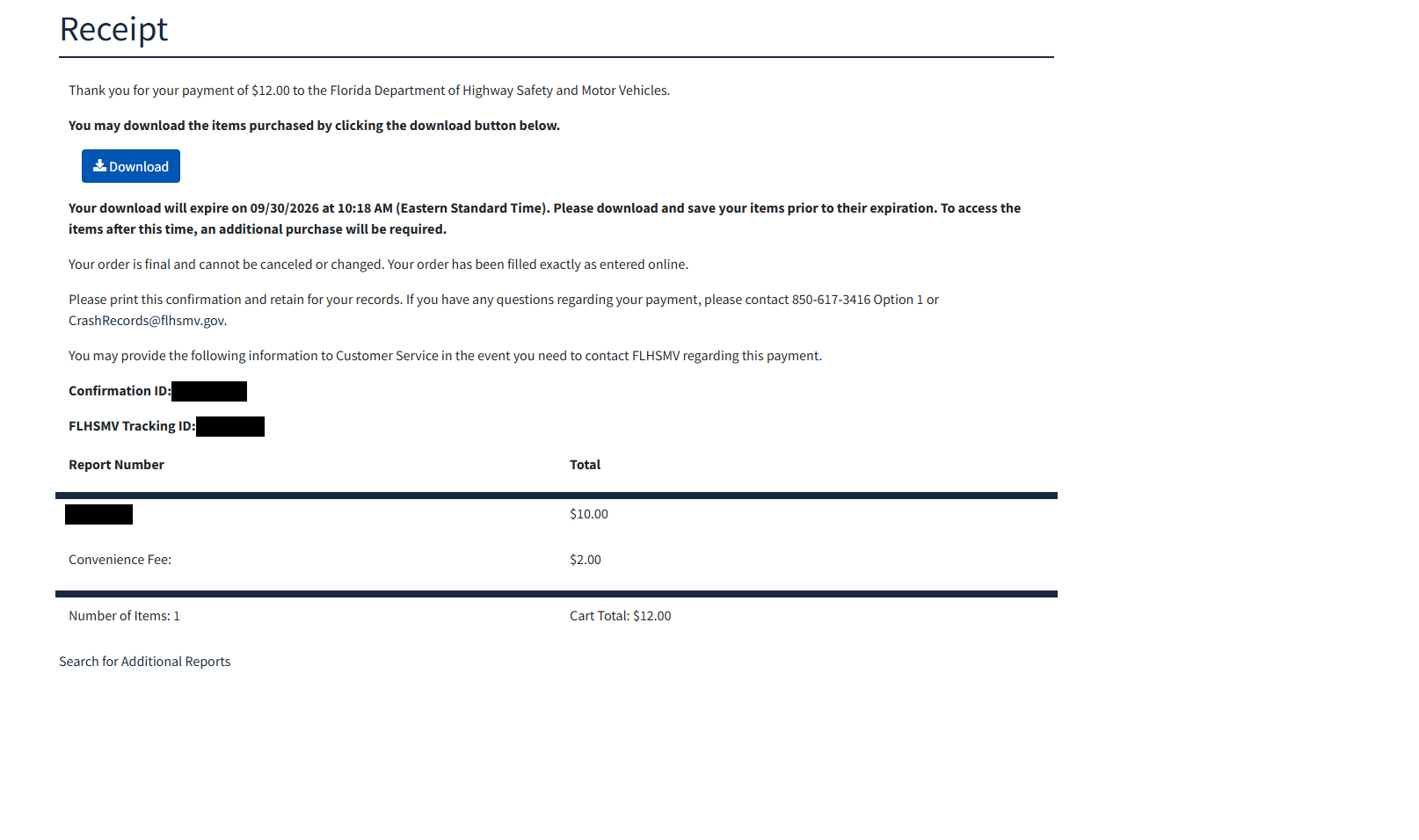 Receipt page with the Download button and the 48-hour download deadline; order numbers are covered