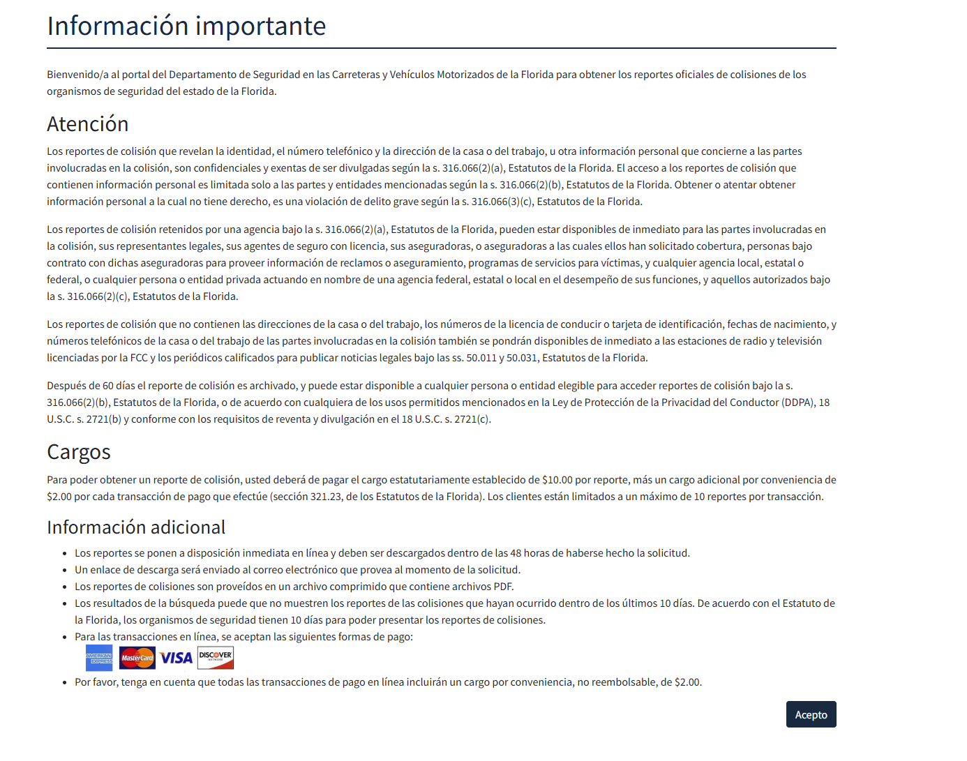 Página de Información importante del portal de colisiones de FLHSMV, con los cargos y el botón Acepto