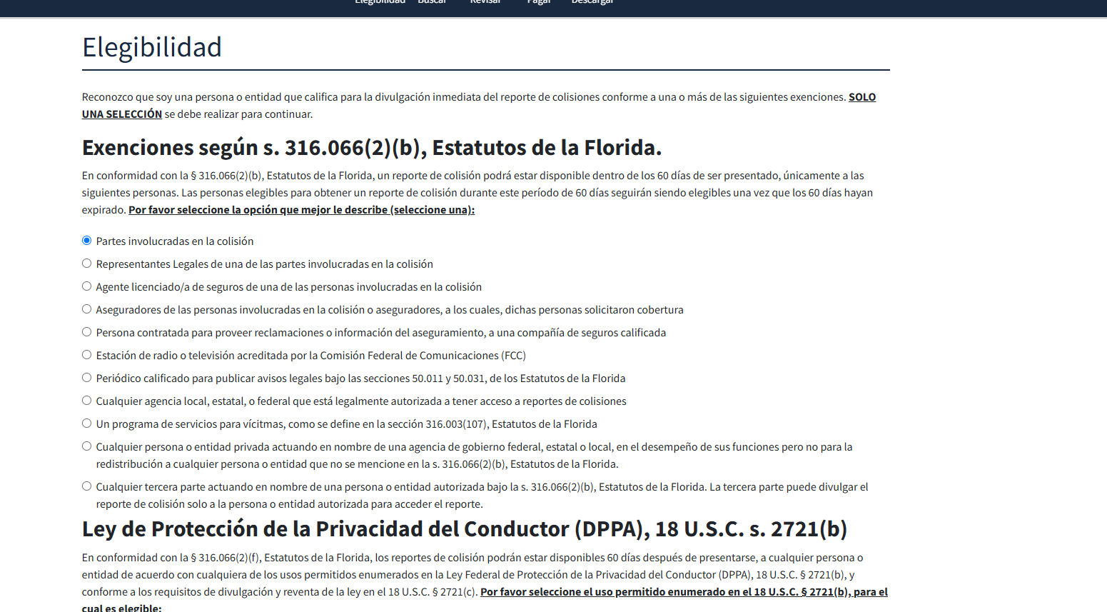 Página de Elegibilidad con las opciones de exención según la sección 316.066(2)(b)