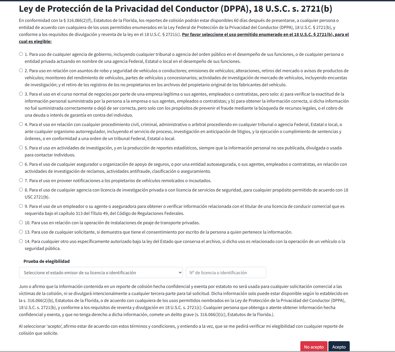 Sección de usos permitidos de la DPPA, campos de Prueba de elegibilidad y botones No acepto y Acepto