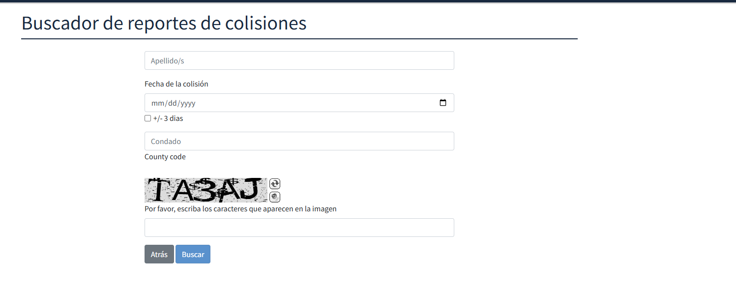 Buscador de reportes de colisiones con los campos de apellido, fecha, condado y la imagen de verificación