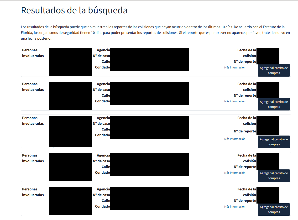 Resultados de la búsqueda con los botones Agregar al carrito de compras; los datos personales están tapados
