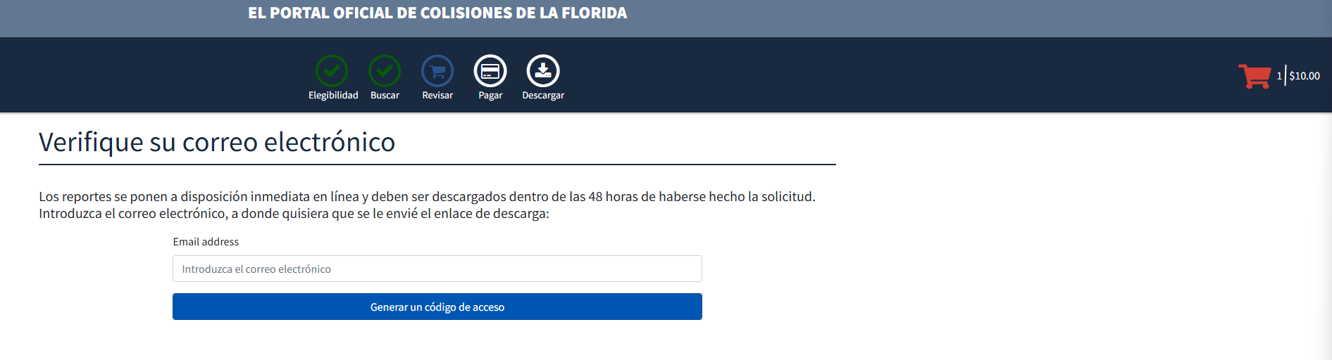 Pantalla Verifique su correo electrónico con el botón Generar un código de acceso