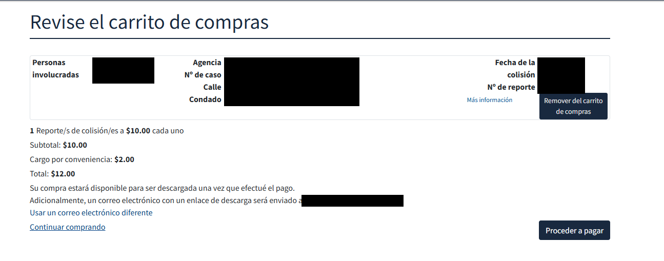 Pantalla Revise el carrito de compras con el total de $12.00 y el botón Proceder a pagar; los datos personales están tapados