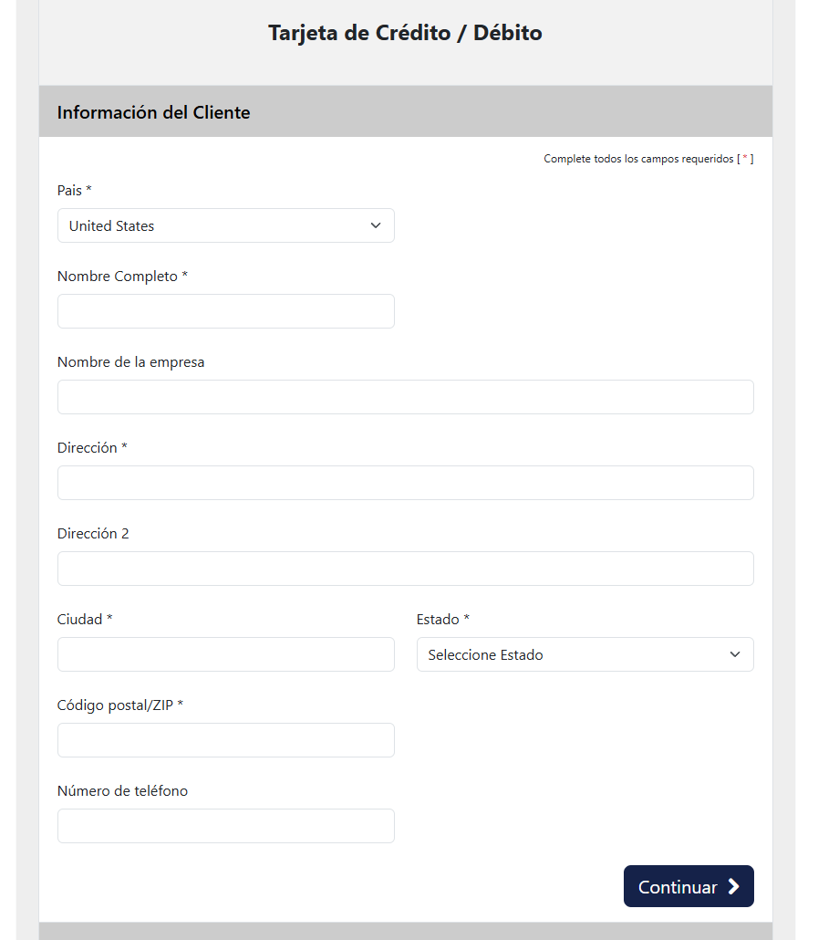 Formulario de Información del Cliente con el botón Continuar