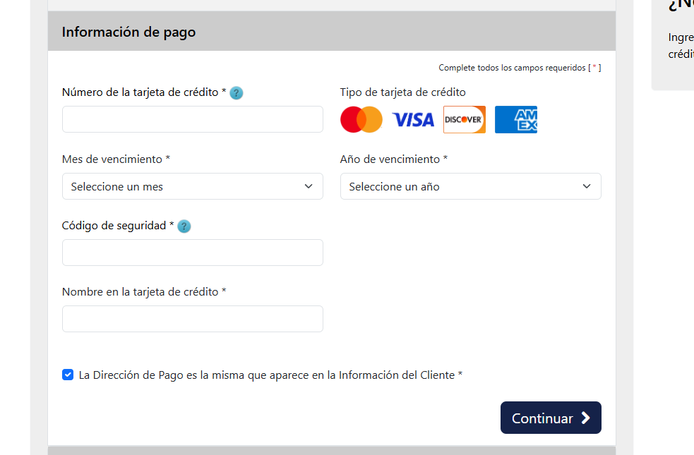 Formulario de Información de pago con los campos de la tarjeta y el botón Continuar