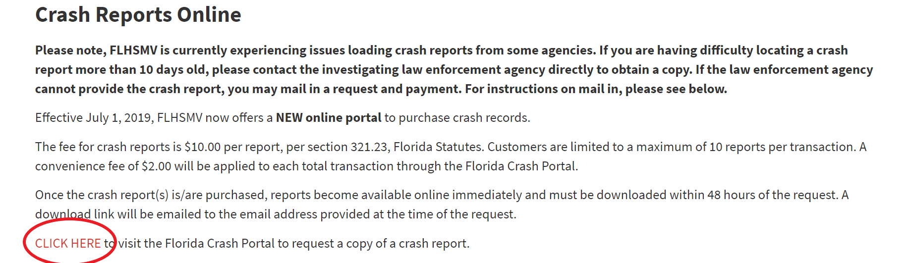 Screenshot of first page of FLHSMV crash report purchase